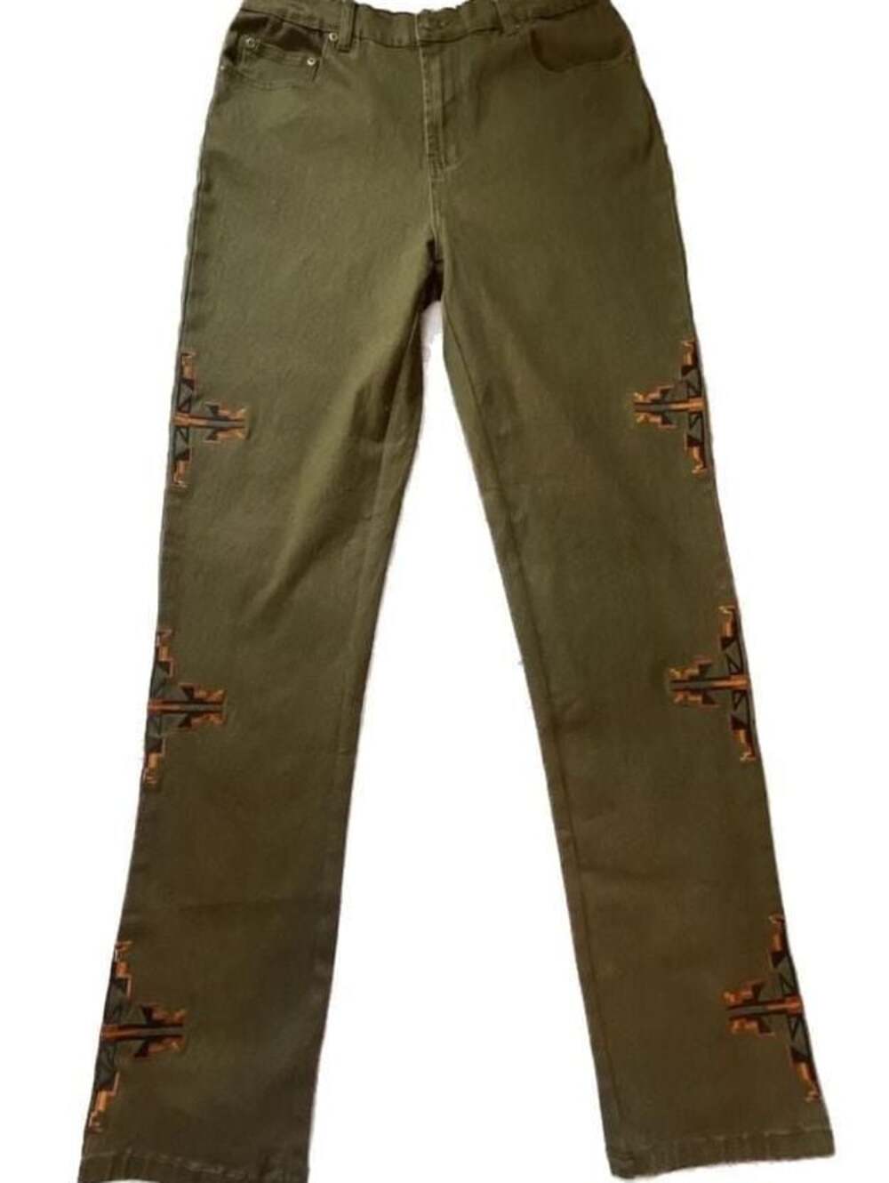 Diane Gilman DG2 Embroidered Olive Green Straight Leg Jeans Size 18